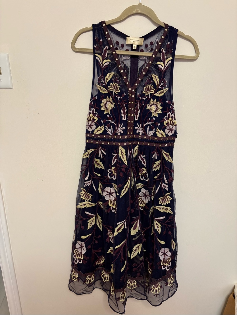 Moulinette Soeurs Anthropologie Black Mesh Midi Dress with Floral Embroidery Sz4
